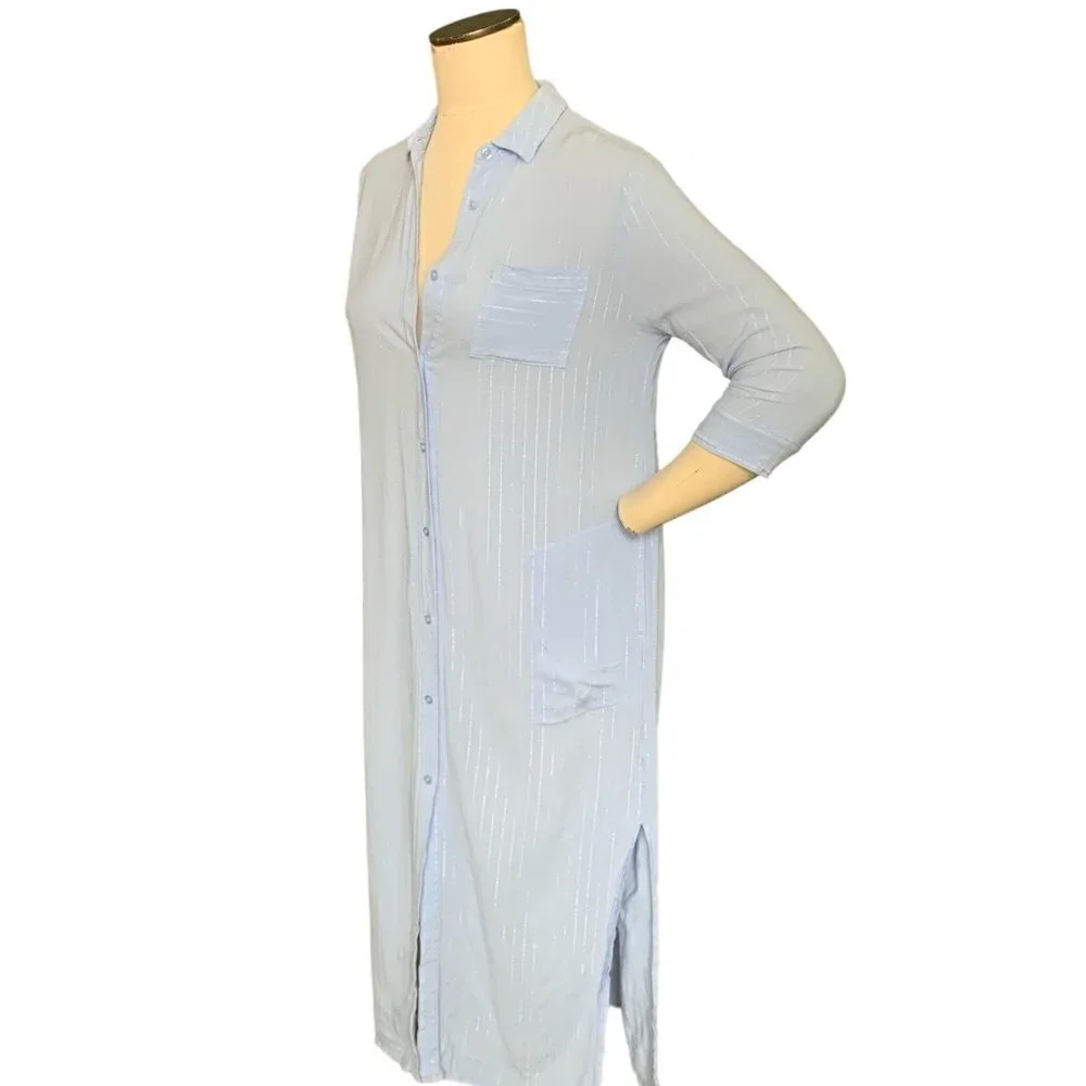 Donna Karan‎ Sleepwear Striped Button-Down Night Shirt-Dress Sz S Blue #129G